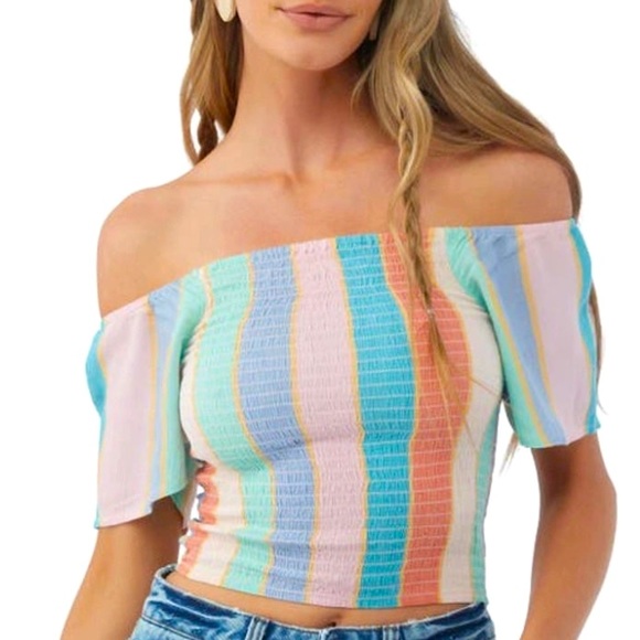 NEW 2 Piece O'Neill Coordinating Ally Off-The-Shoulder Stripe Print Top & Shorts - Picture 3 of 6